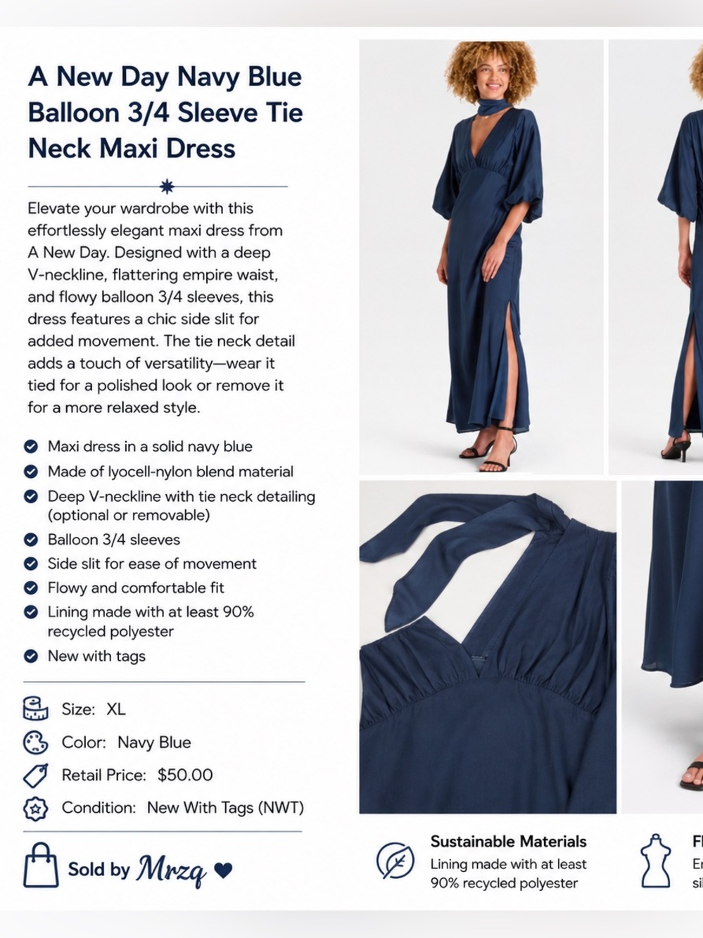 a new day Navy Blue Balloon 3/4 Sleeve Tie Neck Maxi Dress